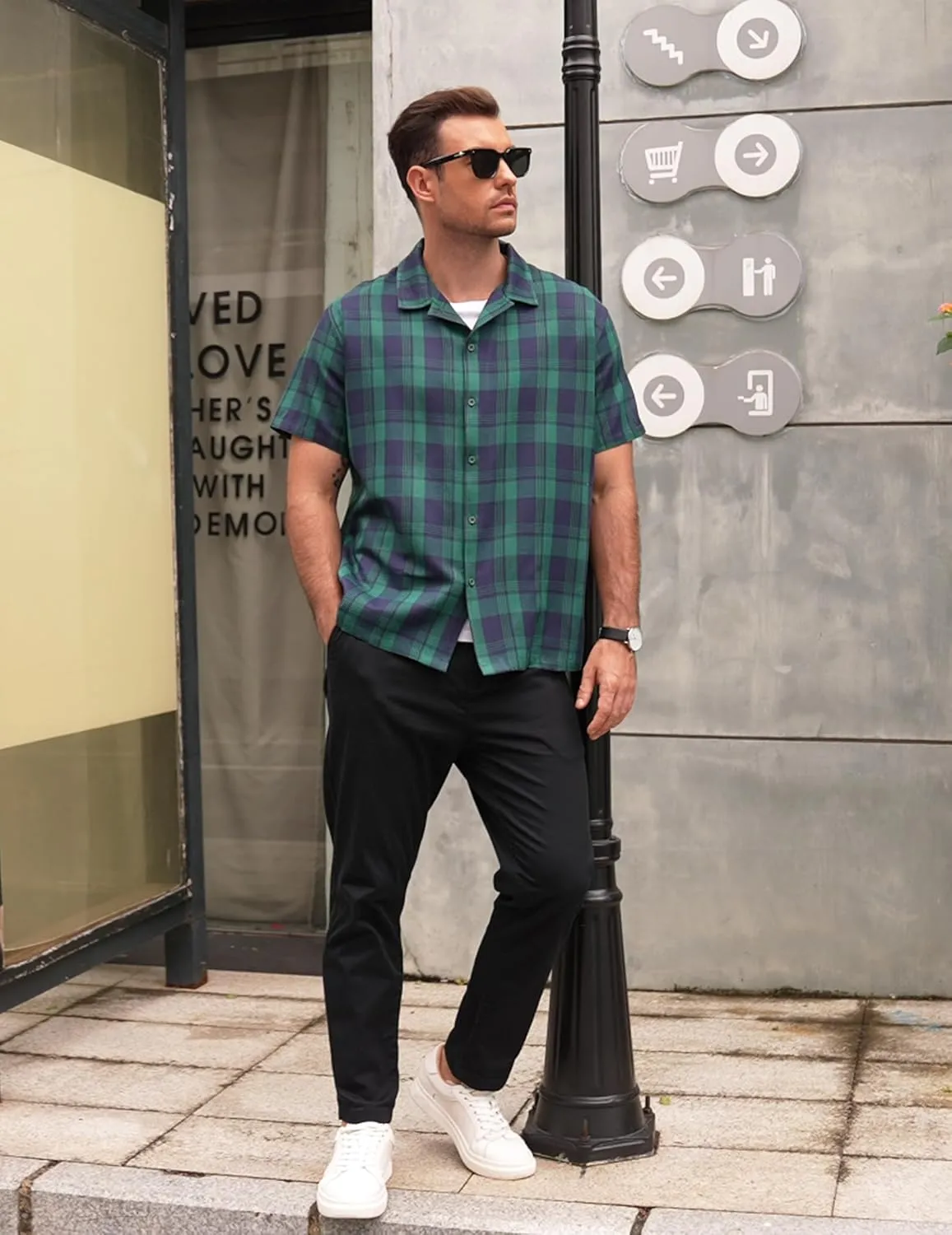 COOFANDY Mens Short Sleeve Button Down Shirt Plaid Button Up Shirts Casual 75% Cotton Work Shirts