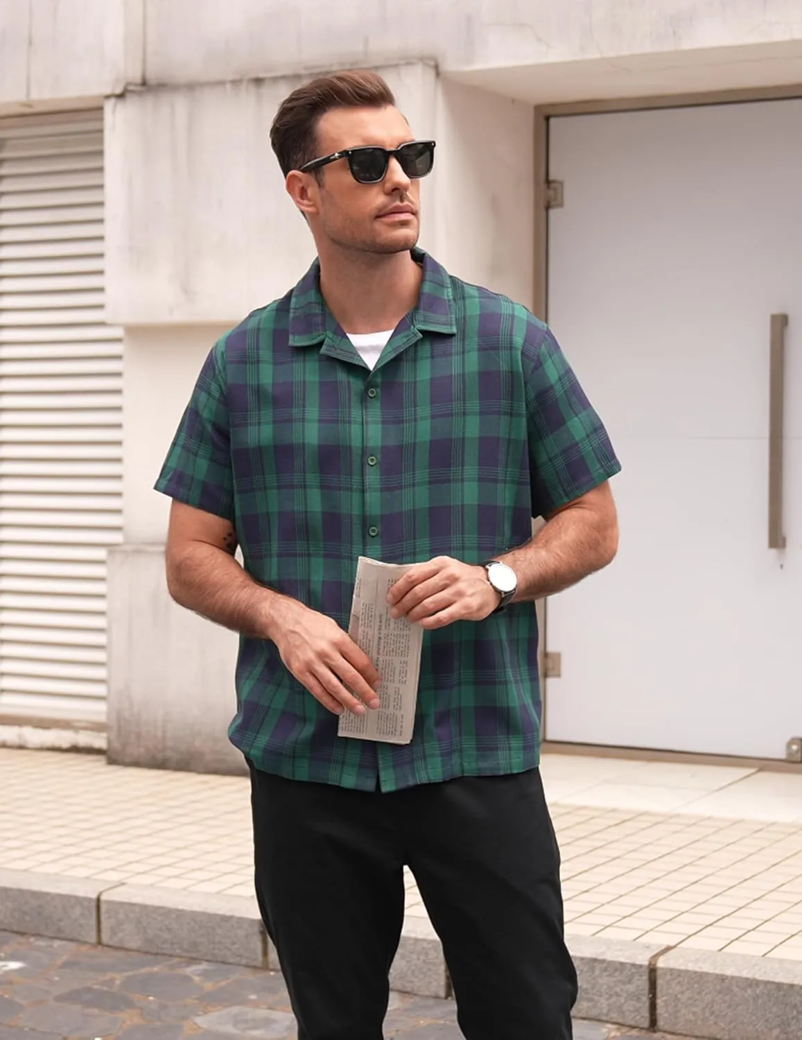 COOFANDY Mens Short Sleeve Button Down Shirt Plaid Button Up Shirts Casual 75% Cotton Work Shirts