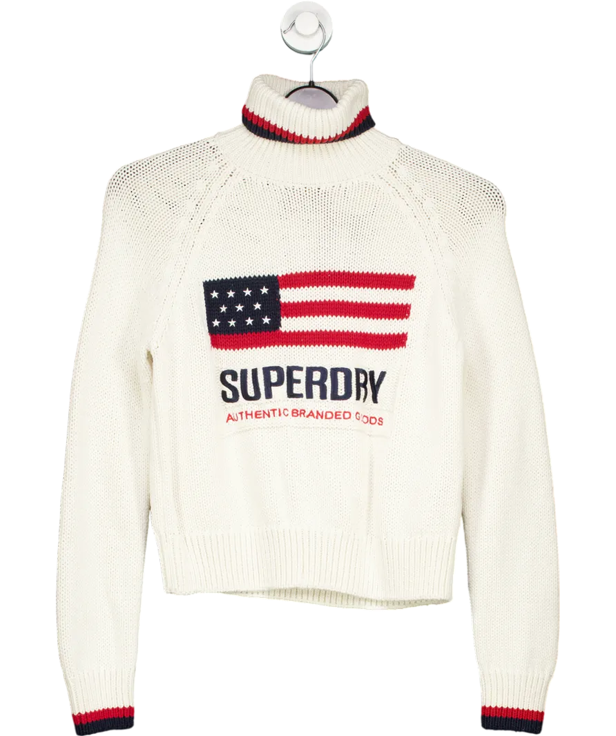 Superdry Cream Americana Roll Neck Cotton  Knit Jumper UK S